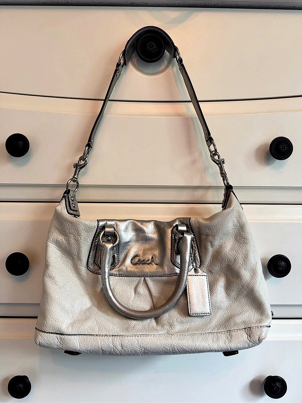 Coach Ashley Leather Satchel Shoulder Bag White & Silver